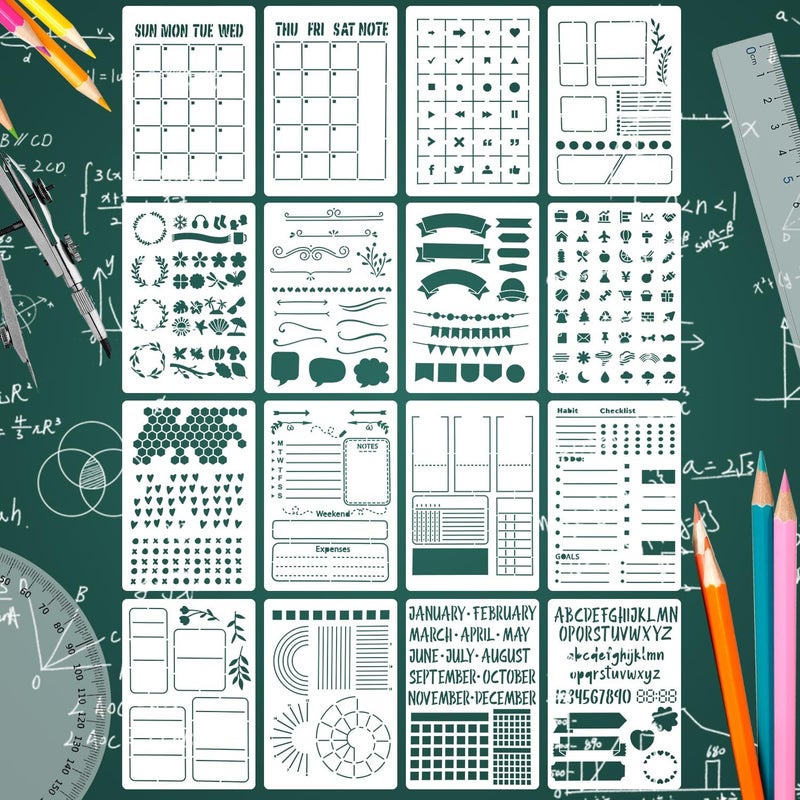 Resflyar 16 PCS Journal Stencils Planner Stencils for Bullet Junk Journal Notebook Diary Scrapbook DIY Drawing Template Journal Stencil 5.7 x 8 Inch - Image 1